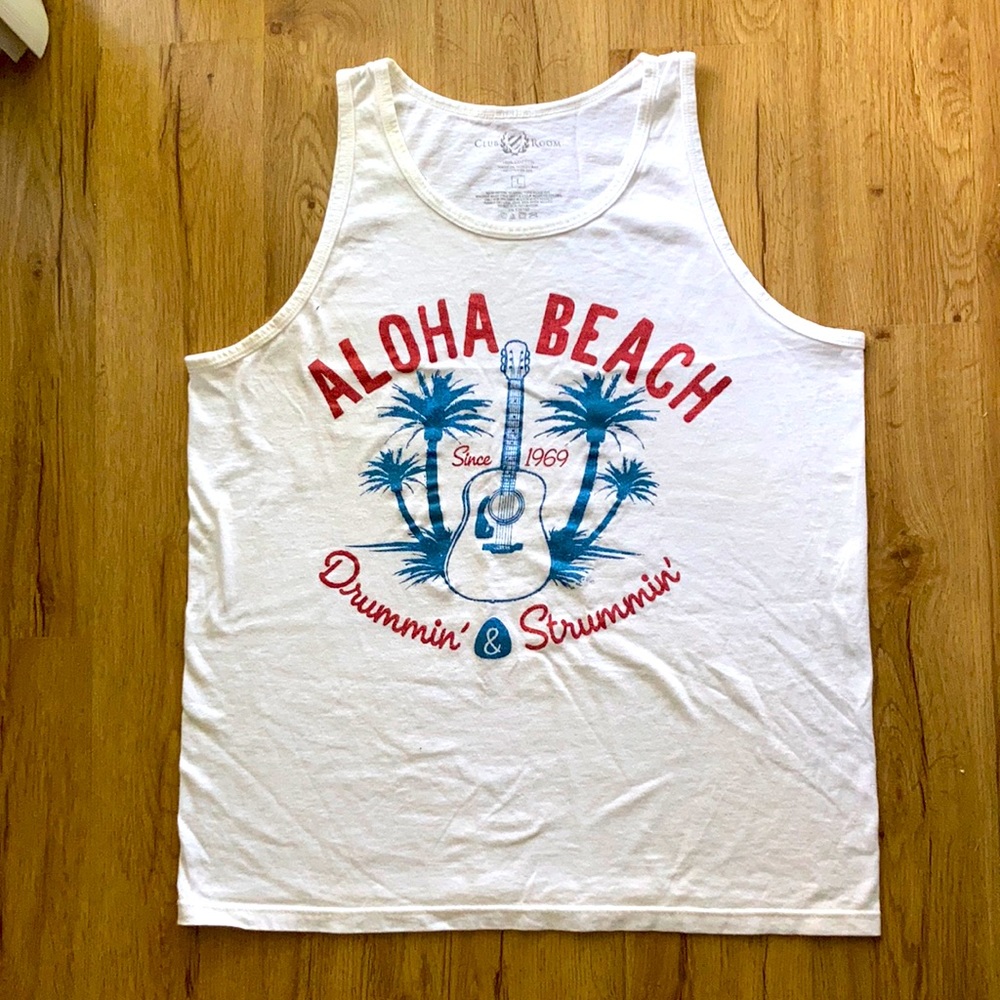 CLUB ROOM men’s L,tank top,100%Cotton,graphic ALOHA BEACHSince1969,’ & Strummin’